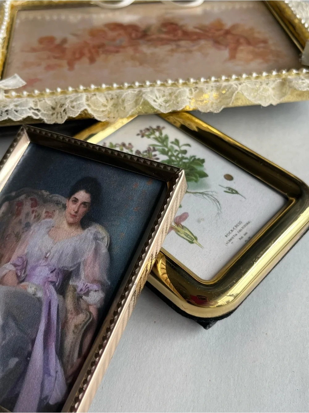 Vintage Brass Picture Photo Frames w/ Fine Art Prints-Set of 3